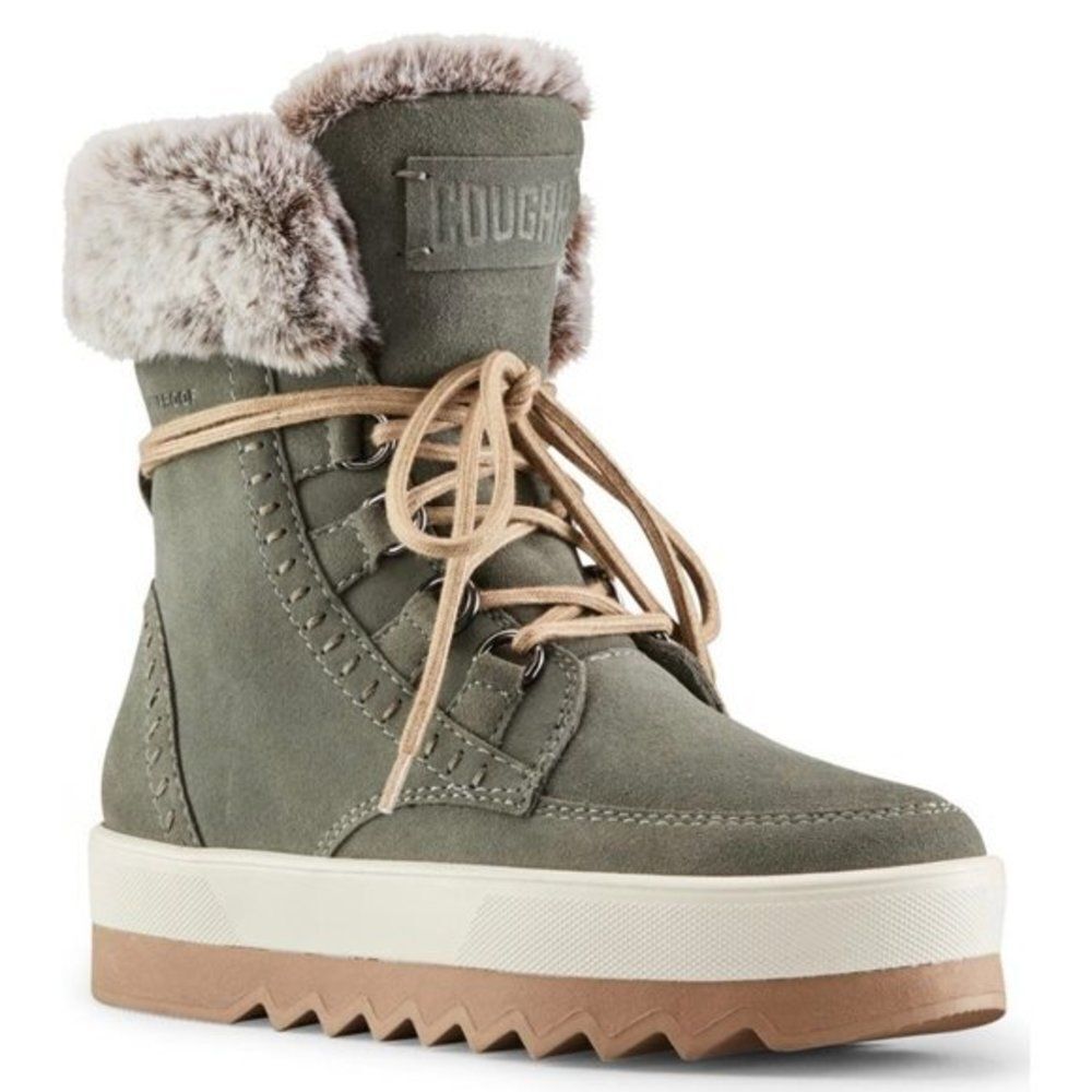 Cougar Vanetta Faux Fur Trim Waterproof Bootie Lace Up Size 6.5 Green Waterproof
